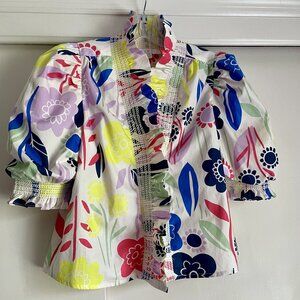 NWOT KARLIE Floral Smocked Ruffle Puff Sleeve Top Size S Multi Button Blouse